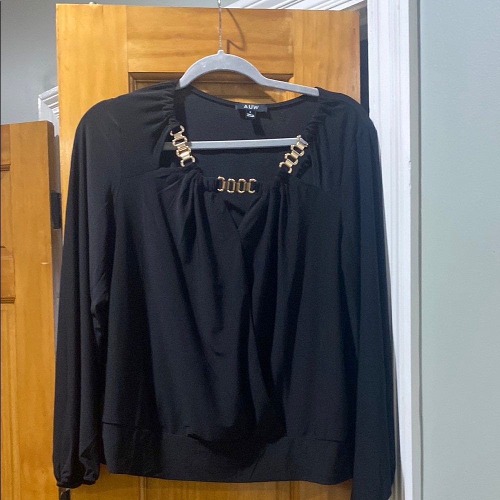 Black and Gold Ruched Embellished Long Sleeve Blouse